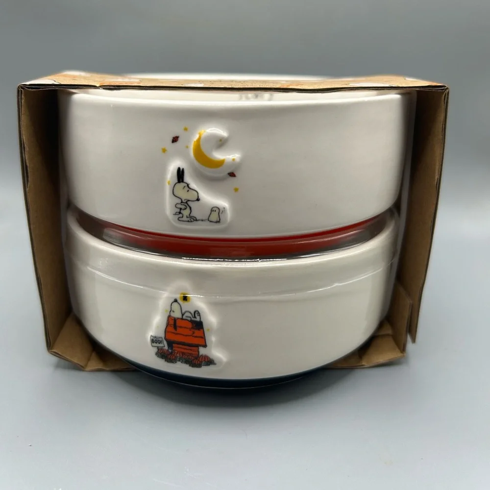 Rae Dunn Peanuts Snoopy Halloween Pet Bowl Set SCARY NIGHT NEW